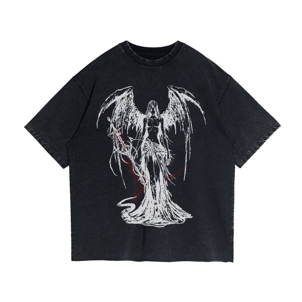 Fallen Angel Garment Dyed Streetwear Tee 260GSM Black Cotton With Faded Raw Hem ArnukiClothing