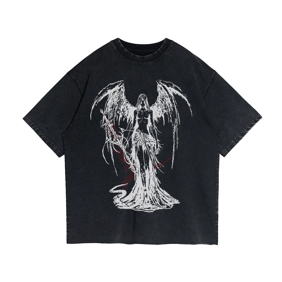 Fallen Angel Garment Dyed Streetwear Tee 260GSM Black Cotton With Faded Raw Hem ArnukiClothing