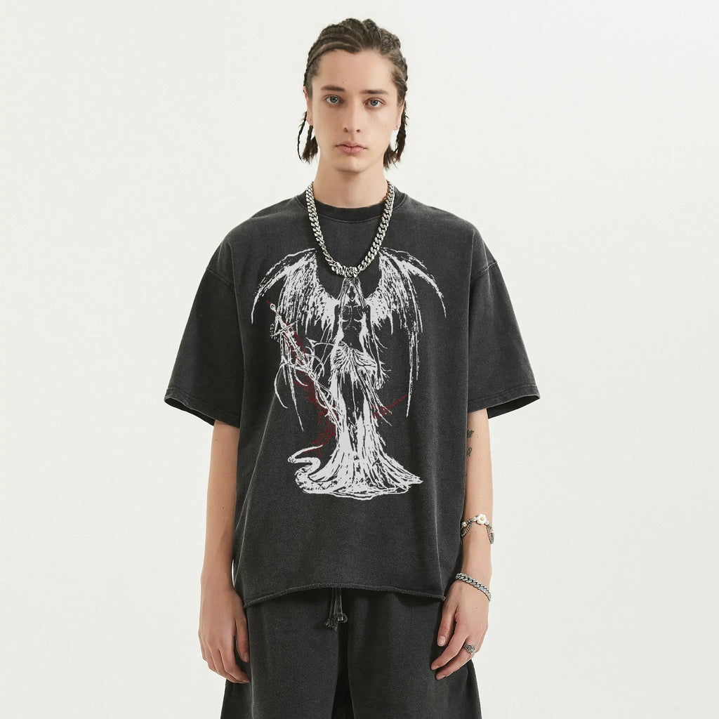 Fallen Angel Garment Dyed Streetwear Tee 260GSM Black Cotton With Faded Raw Hem ArnukiClothing