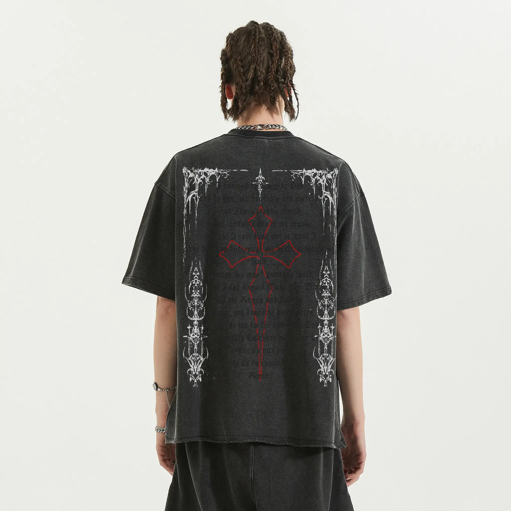 Fallen Angel Garment Dyed Streetwear Tee 260GSM Black Cotton With Faded Raw Hem ArnukiClothing