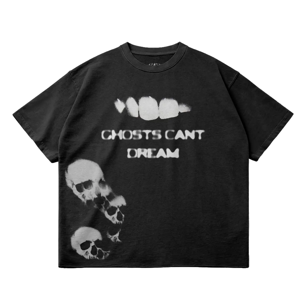 Ghosts Cant Dream Garment Dyed Streetwear Tee 260GSM Black Cotton With Faded Raw Hem ArnukiClothing