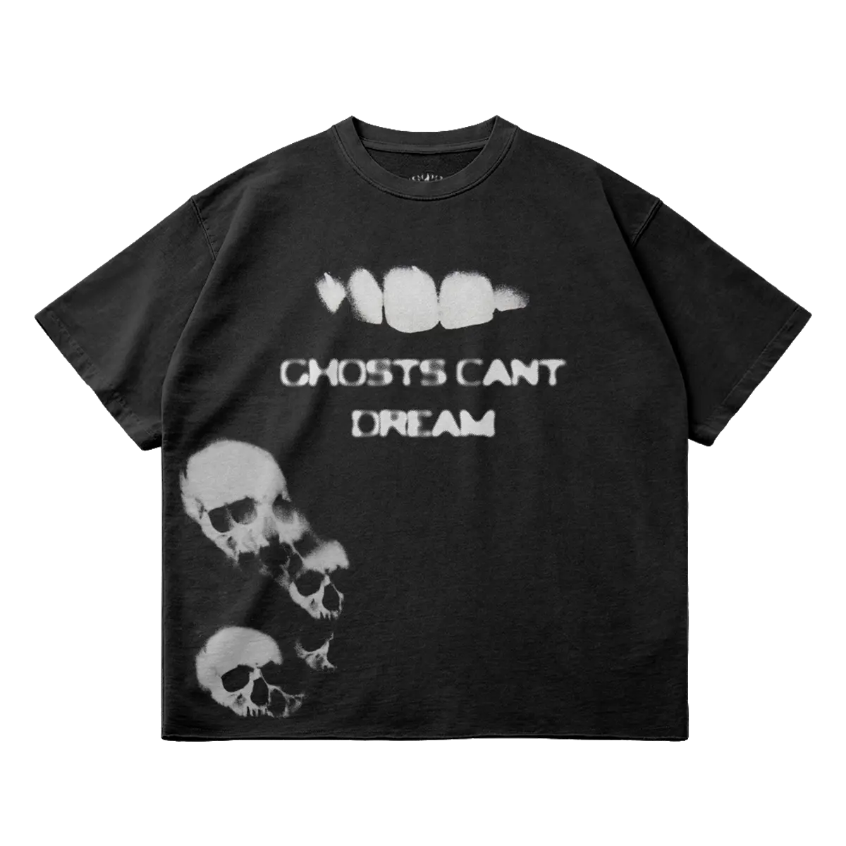 Ghosts Cant Dream Garment Dyed Streetwear Tee 260GSM Black Cotton With Faded Raw Hem ArnukiClothing