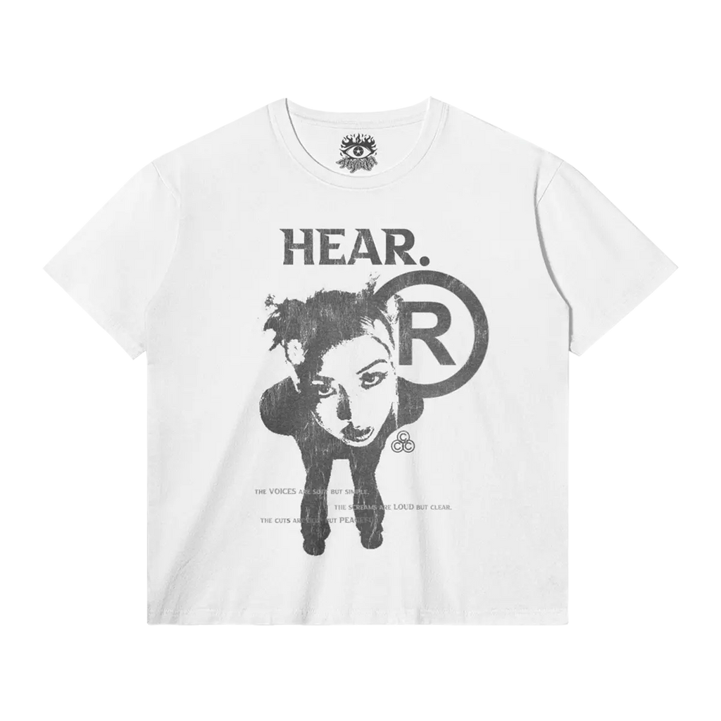 HEAR Streetwear Tee White Cotton T Shirt Classic Fit 180 GSM DTG Print ArnukiClothing