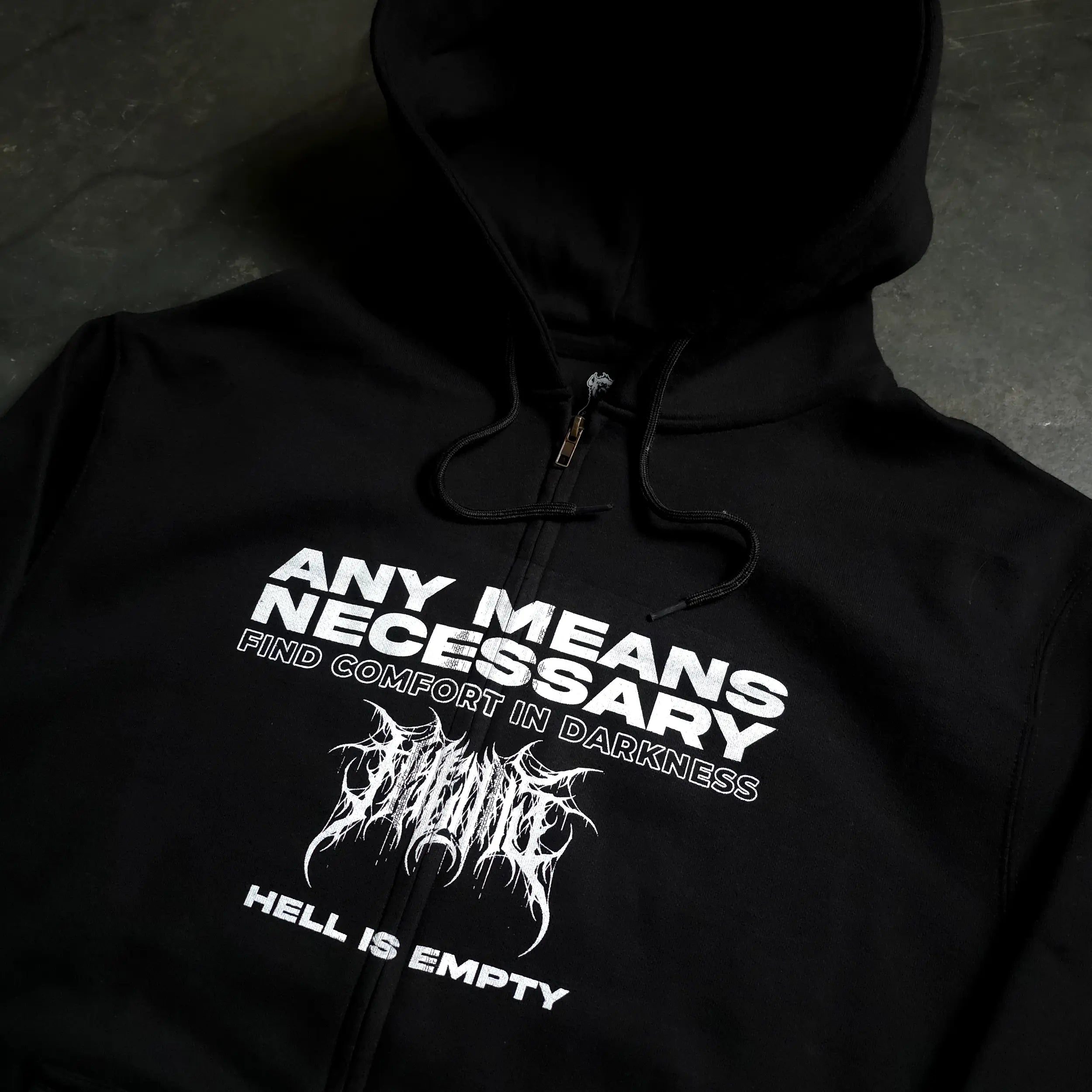 Hell is Empty Zip Up Hoodie Any Means Necessary Clothing