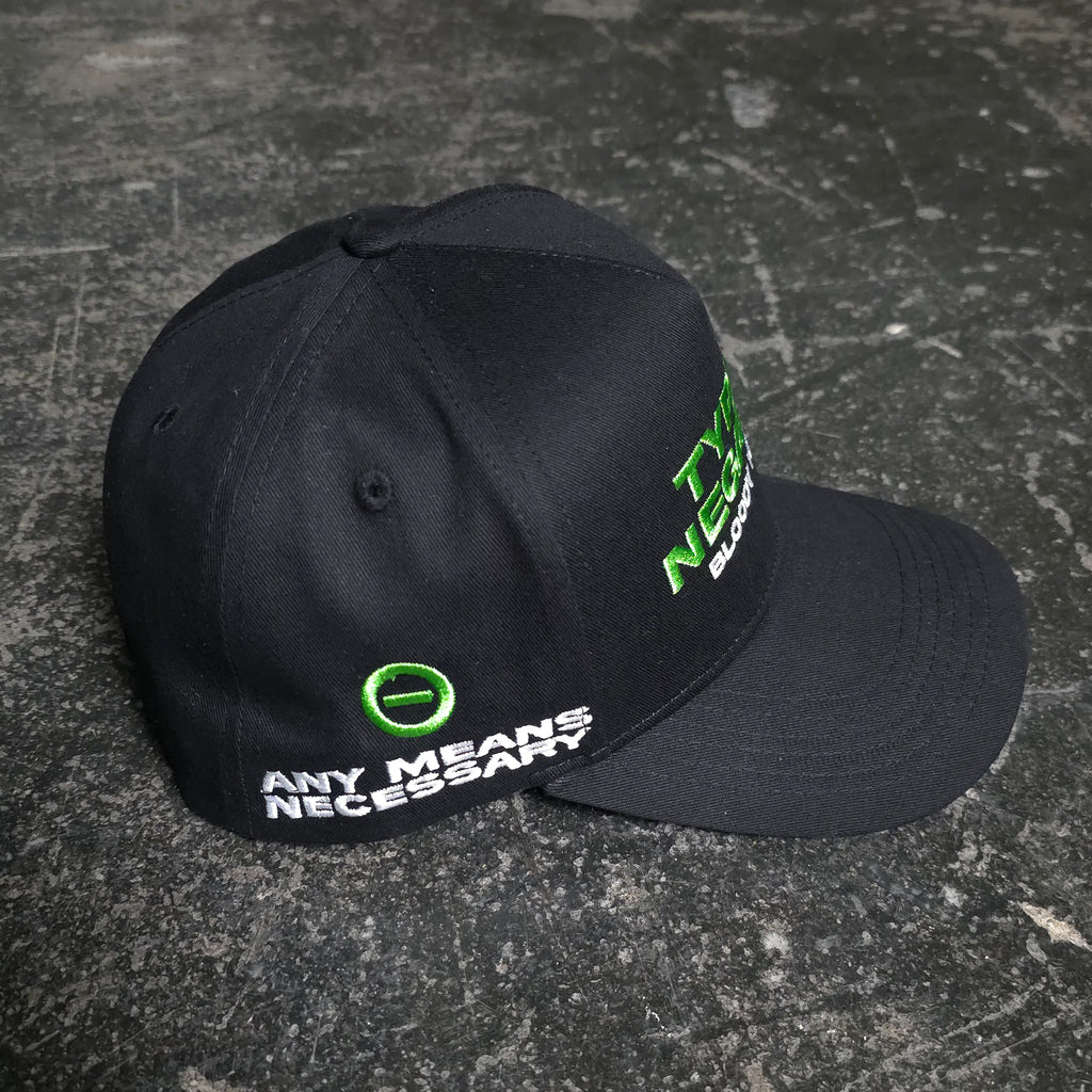 Black Bloody Kisses hat by Any Means Necessary Clothing featuring a graphic design on the front.