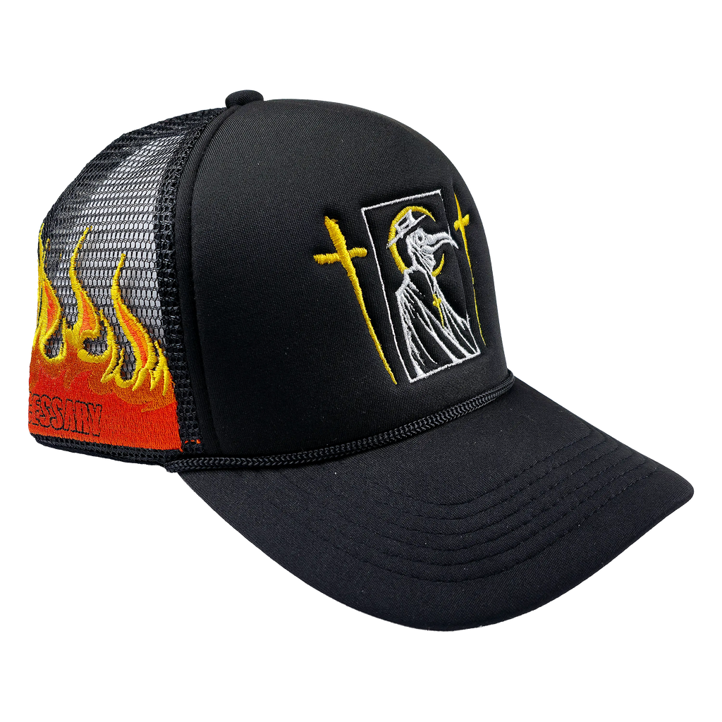 Let the Weak Burn hat by Any Means Necessary Clothing, black casual hat with bold white text on the front.