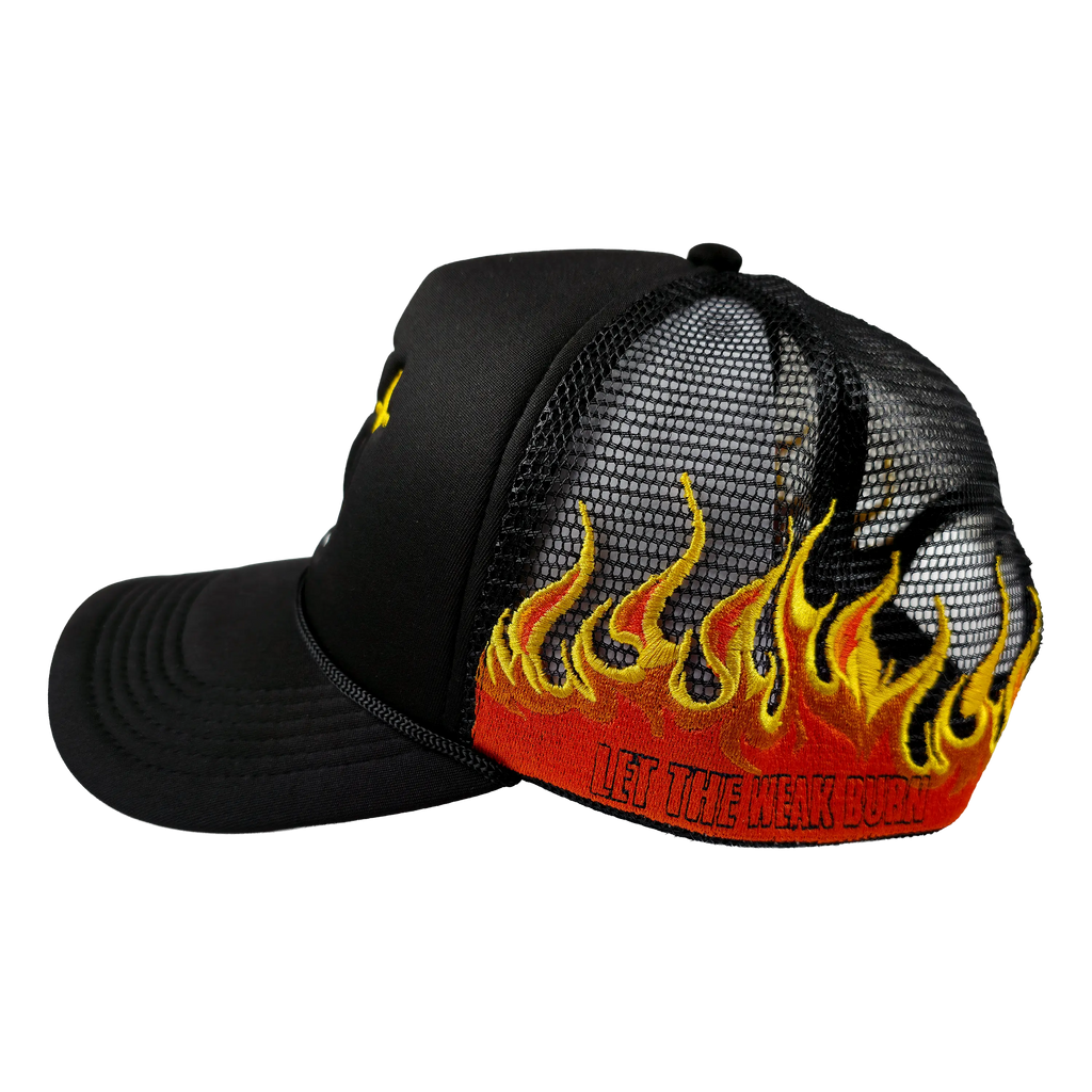 Let the Weak Burn hat by Any Means Necessary Clothing featuring bold graphic design and adjustable strap.