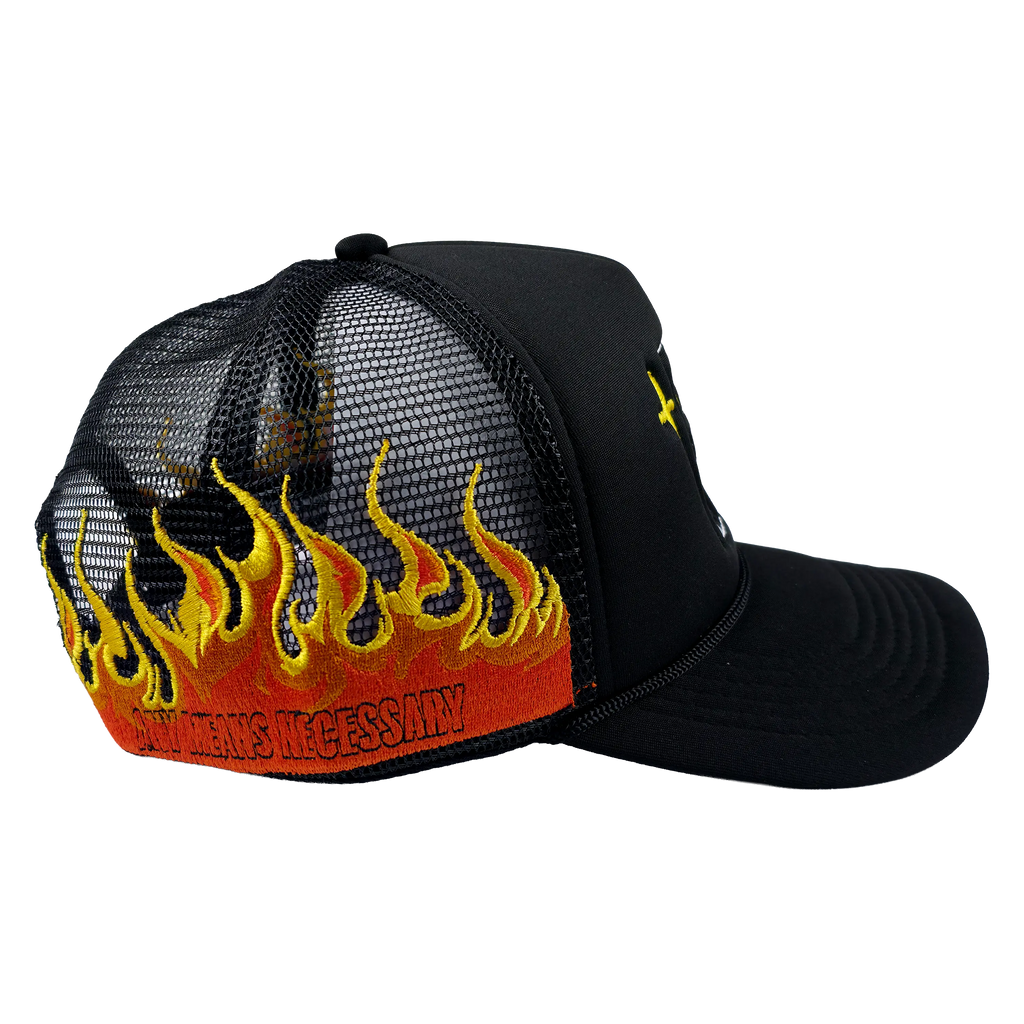 Black "Let the Weak Burn" hat by Any Means Necessary Clothing featuring bold embroidered text on a casual cap.