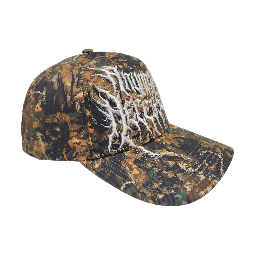 Black Mayhem Hat by Any Means Necessary Clothing featuring a bold graphic design and adjustable strap.