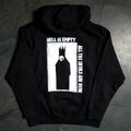 Any Means Necessary Clothing Hell is Empty zip-up hoodie, front view showing black hoodie with graphic print and full zip closure.