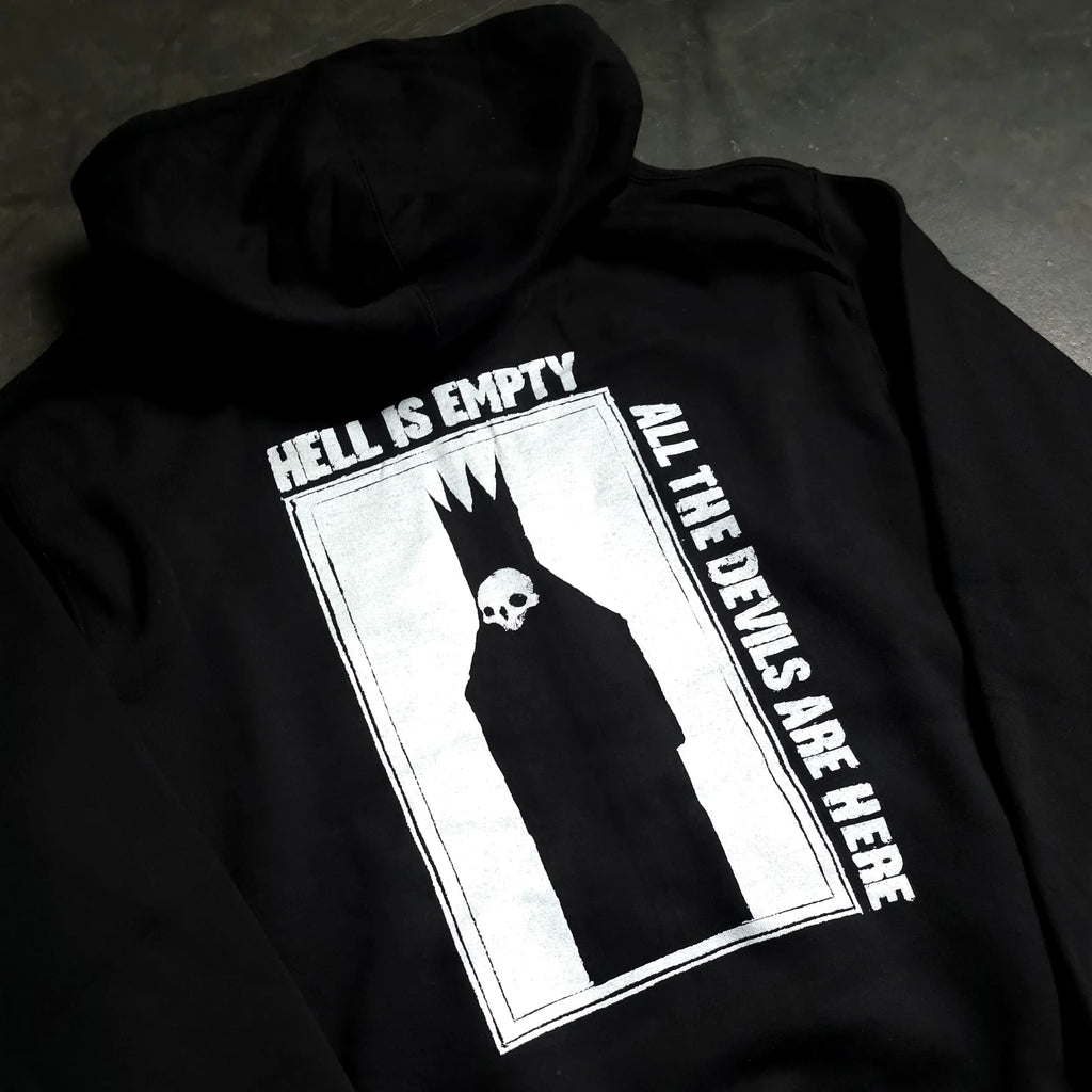 Black zip-up hoodie from Any Means Necessary Clothing featuring "Hell is Empty" graphic design.