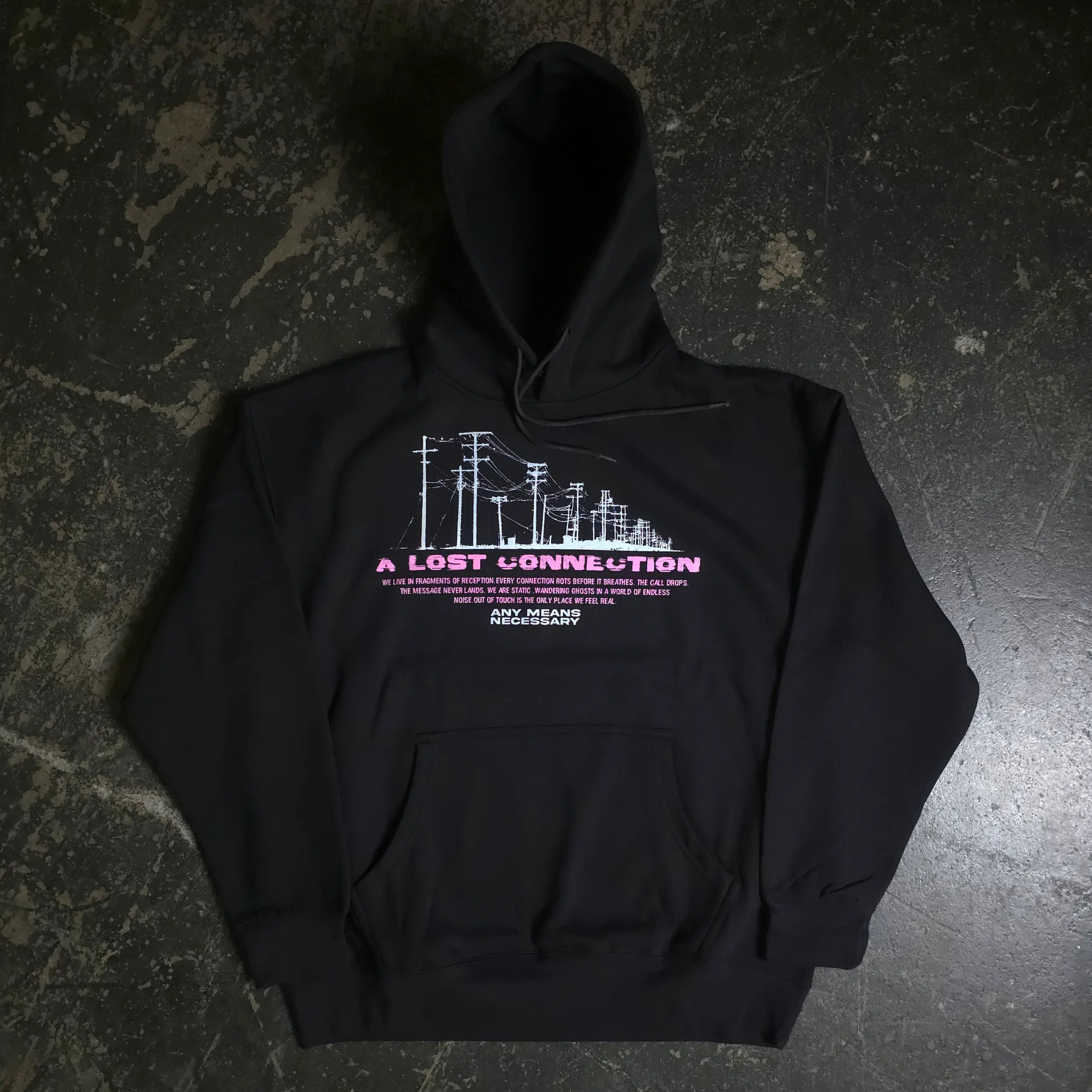 Any Means Necessary Clothing Lost Connection pullover hoodie, black with graphic design, front view, casual streetwear style.