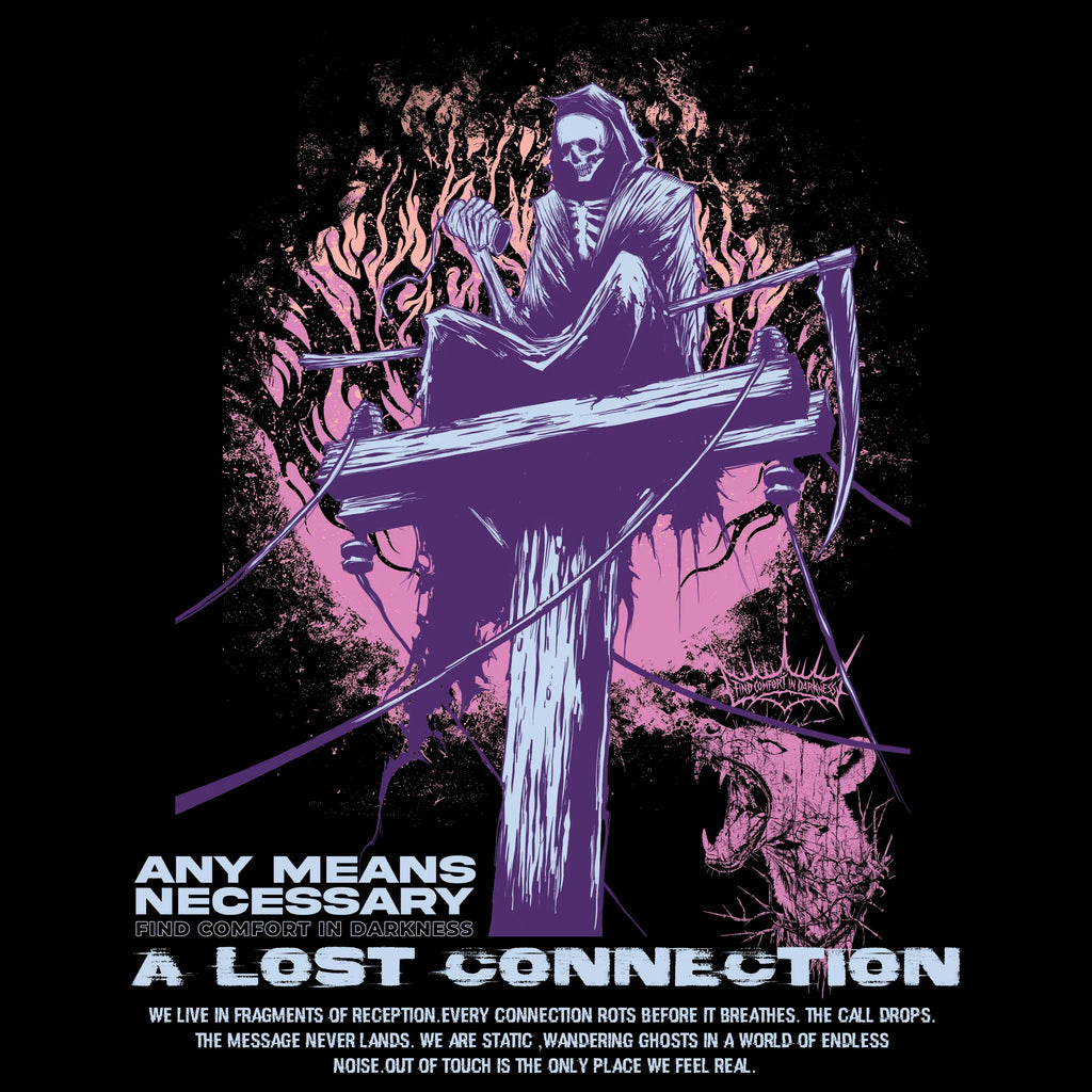 Any Means Necessary Clothing Lost Connection Pullover Hoodie showing front view with logo and design on the chest.