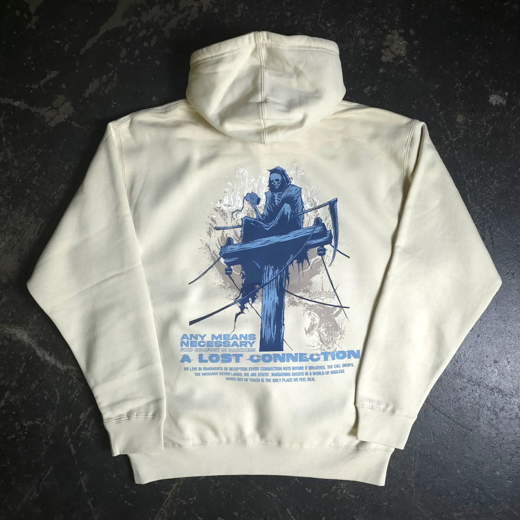 Light beige Lost Connection pullover hoodie by Any Means Necessary Clothing, featuring a comfortable fit and casual style.