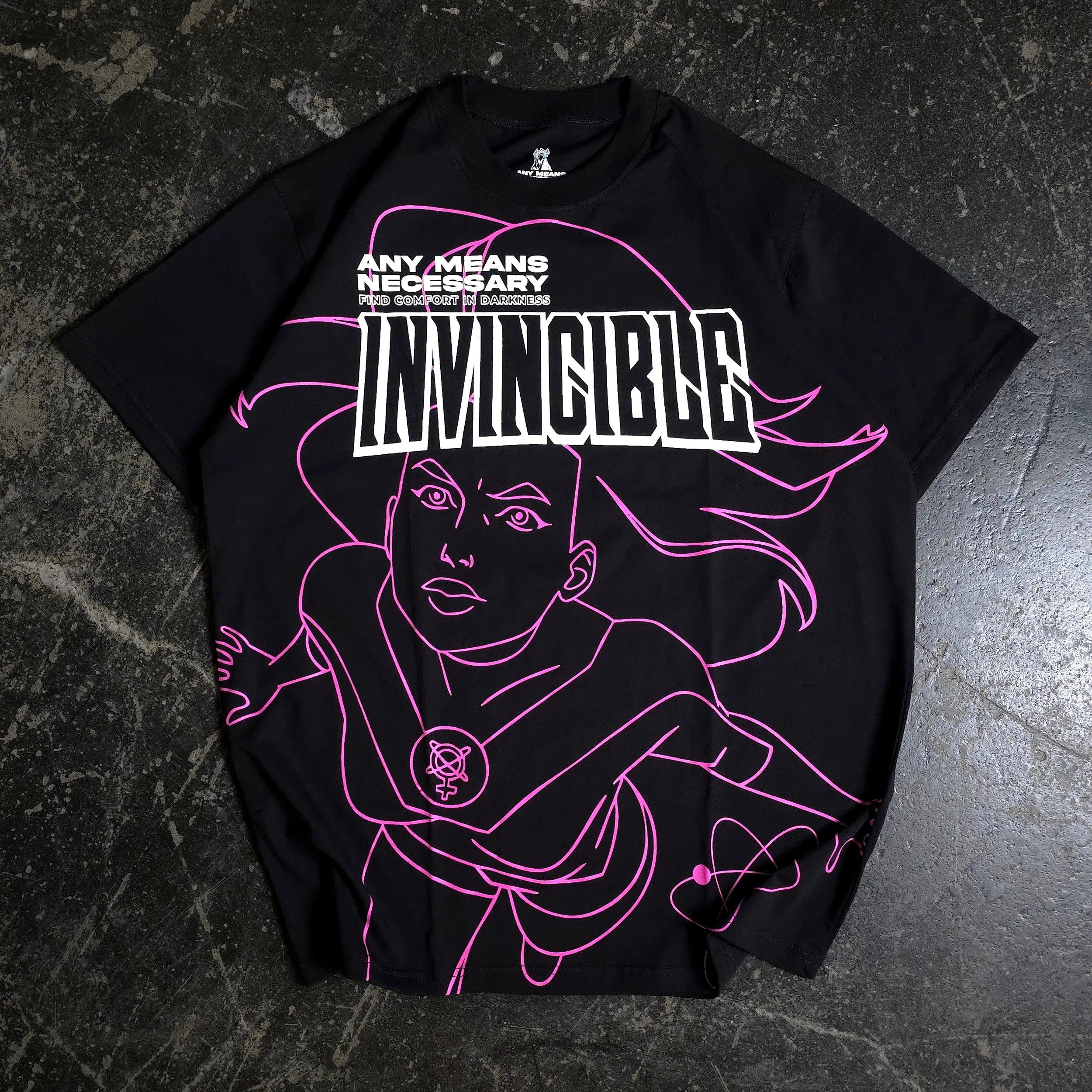 Black Atom Line Art Series T-Shirt by Any Means Necessary Clothing featuring minimalist atomic design on front.
